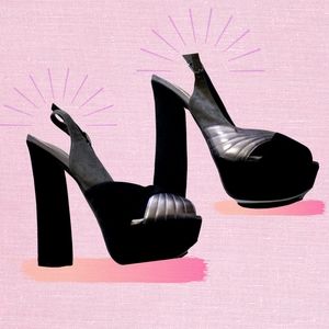 BLACK AND SILVER PLATFORM BLOCK HEELS